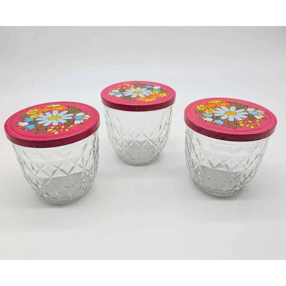 3 BALL Quilted Crystal Glass Jars W/Tin Snap-On Lid Pink Flower MOD Retro